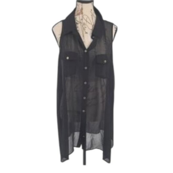 BCBGMaxAzria black sleeveless sheer button-down tunic top size M - Picture 1 of 5
